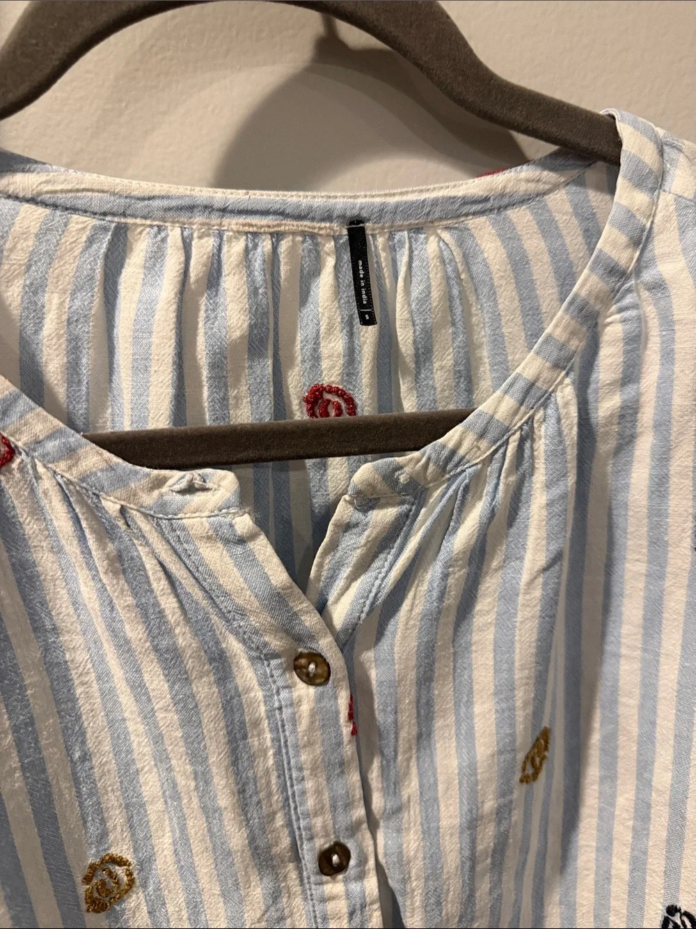 Anthropology Light Blue and White Striped Embroidered Button-Front Blouse